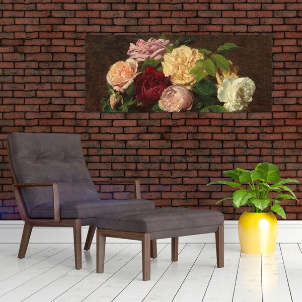 Obraz - Henri Fantin-Latour, Roses de Nice on a Table, reprodukcia (120x50 cm)