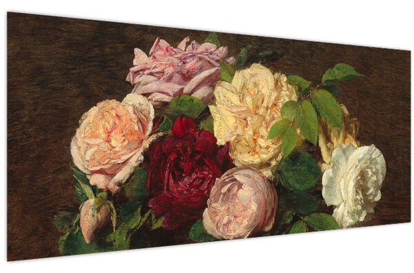 Obraz - Henri Fantin-Latour, Roses de Nice on a Table, reprodukcia (120x50 cm)