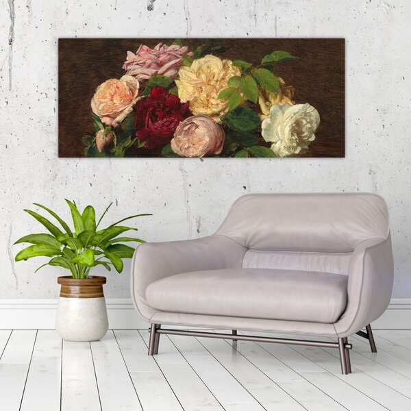Obraz - Henri Fantin-Latour, Roses de Nice on a Table, reprodukcia (120x50 cm)