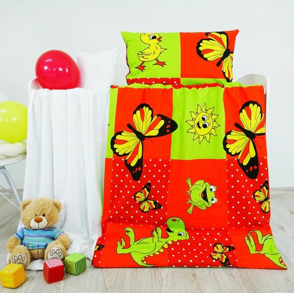 Obliečky detské bavlnené zvieratká červené EMI, Detský set 90x130 + 45x65