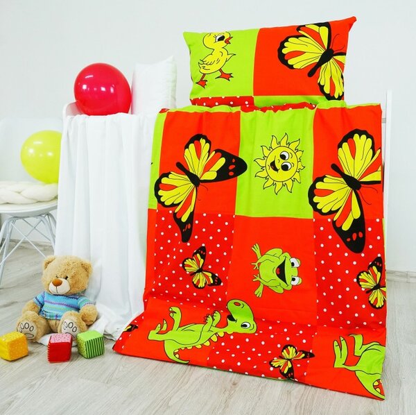 Obliečky detské bavlnené zvieratká červené EMI, Detský set 90x130 + 45x65
