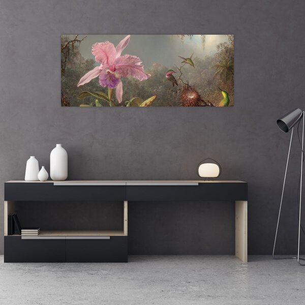 Obraz - Martin Johnson Heade, Cattleya Orchid and Three Hummingbirds, reprodukcia (120x50 cm)