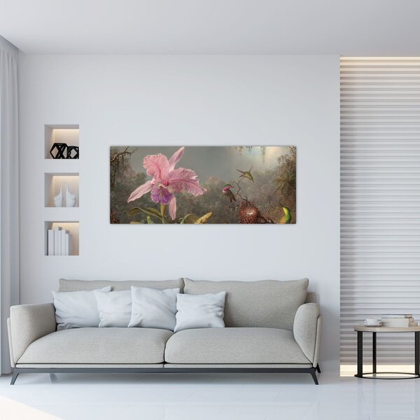 Obraz - Martin Johnson Heade, Cattleya Orchid and Three Hummingbirds, reprodukcia (120x50 cm)
