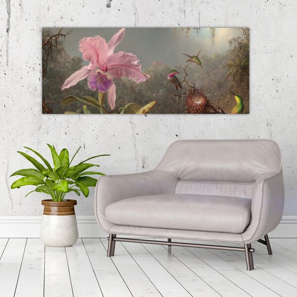Obraz - Martin Johnson Heade, Cattleya Orchid and Three Hummingbirds, reprodukcia (120x50 cm)