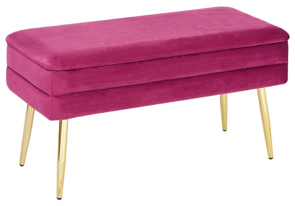 Lavička fuksiová ružová polyester zamatové čalúnenie zlaté kovové nohy úložný priestor glamour dizajn spálňa