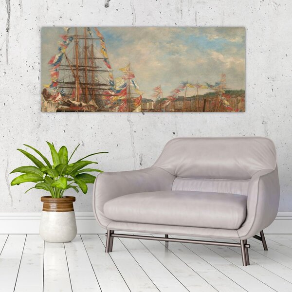 Obraz - Eugène Boudin, Festival in the Harbor of Honfleur, reprodukcia (120x50 cm)