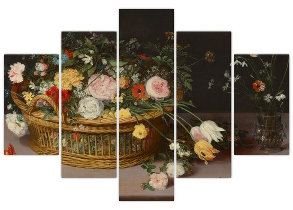 Obraz - Jan Brueghel the Elder, Flowers in a Basket and a Vase, reprodukcia (150x105 cm)