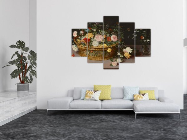 Obraz - Jan Brueghel the Elder, Flowers in a Basket and a Vase, reprodukcia (150x105 cm)