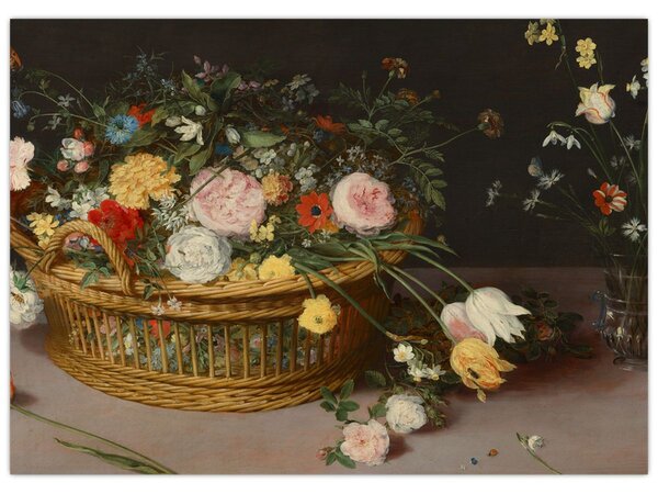 Obraz - Jan Brueghel the Elder, Flowers in a Basket and a Vase, reprodukcia (70x50 cm)