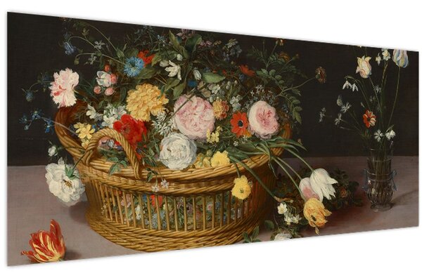 Obraz - Jan Brueghel the Elder, Flowers in a Basket and a Vase, reprodukcia (120x50 cm)