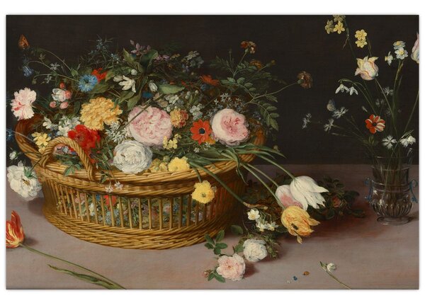 Obraz - Jan Brueghel the Elder, Flowers in a Basket and a Vase, reprodukcia (90x60 cm)
