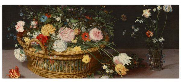 Obraz - Jan Brueghel the Elder, Flowers in a Basket and a Vase, reprodukcia (120x50 cm)