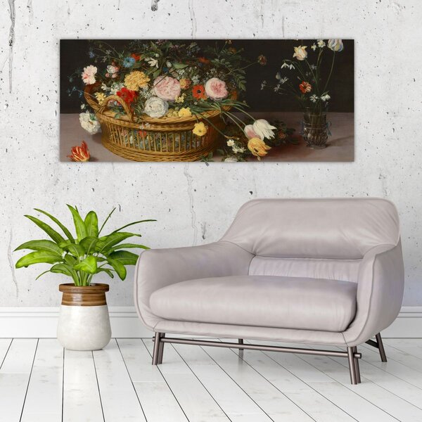 Obraz - Jan Brueghel the Elder, Flowers in a Basket and a Vase, reprodukcia (120x50 cm)