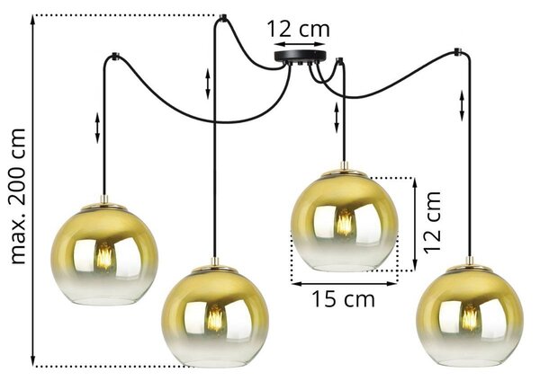 Závesné svietidlo Bergen Gold Spider, 4x zlaté/transparentné sklenené tienidlo (fi 15cm)