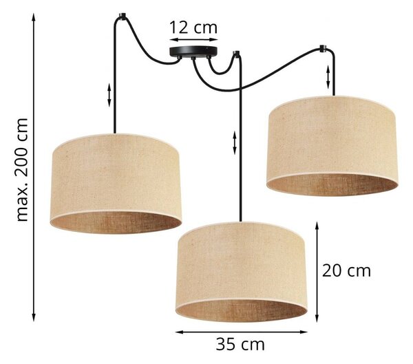 Závesné svietidlo Juta Spider, 3x jutové tienidlo, (výber z 2 farieb konštrukcie), (fi 35cm)