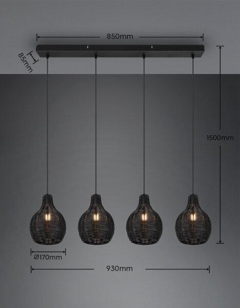 Reality - Závesný luster na lanku SPROUT 4xE14/30W/230V čierna/ratan