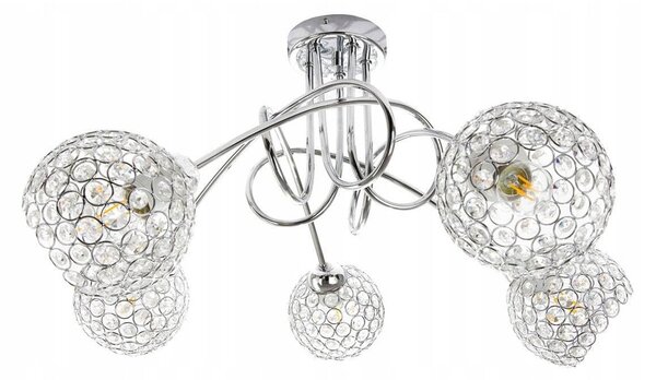Stropné svietidlo Crystal, 5x strieborné krištáľové tienidlo, ch