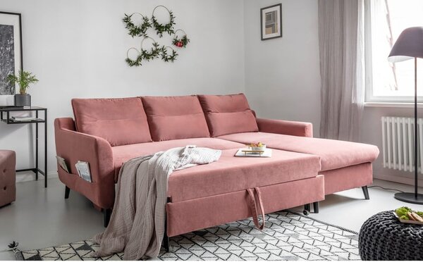 Ružová zamatová rozkladacia rohová pohovka Miuform Stylish Stan, pravý roh