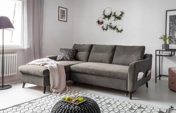 Tmavosivá zamatová rozkladacia rohová pohovka Miuform Stylish Stan, ľavý roh