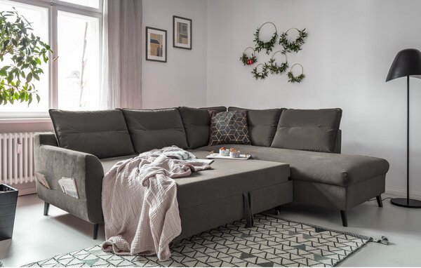 Tmavosivá zamatová rozkladacia rohová pohovka Miuform Stylish Stan L, pravý roh