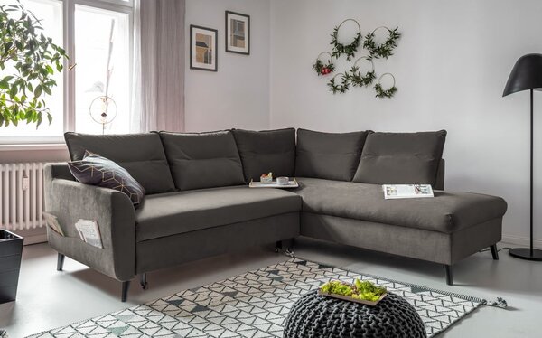 Tmavosivá zamatová rozkladacia rohová pohovka Miuform Stylish Stan L, pravý roh