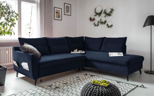 Tmavomodrá zamatová rozkladacia rohová pohovka Miuform Stylish Stan L, pravý roh