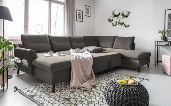 Tmavosivá zamatová rozkladacia pohovka do "U" Miuform Stylish Stan, pravý roh
