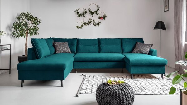 Tyrkysovomodrá zamatová rozkladacia pohovka do "U" Miuform Stylish Stan, ľavý roh