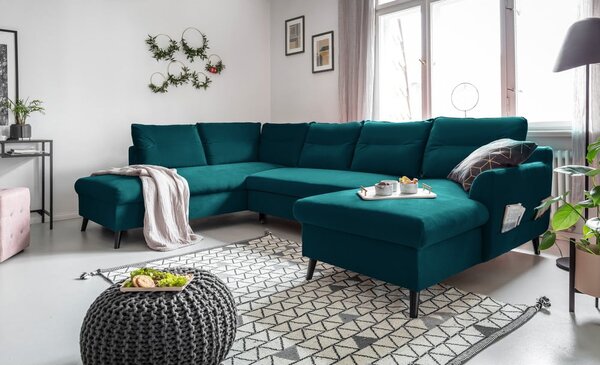 Tyrkysovomodrá zamatová rozkladacia pohovka do "U" Miuform Stylish Stan, ľavý roh