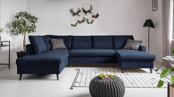 Tmavomodrá zamatová rozkladacia pohovka do "U" Miuform Stylish Stan, ľavý roh