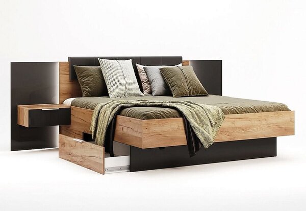 Manželská posteľ LUNA + rošt a doska s nočnými stolíkmi, 160x200, dub Kraft/sivá