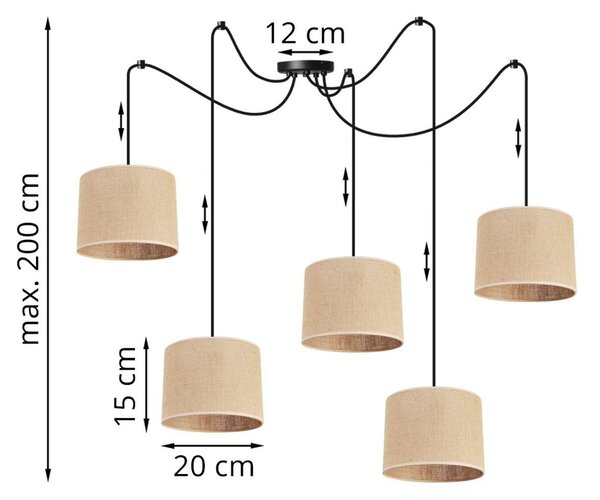 Závesné svietidlo Juta Spider, 5x jutové textilné tienidlo, (výber z 2 farieb konštrukcie), (fi 20cm)