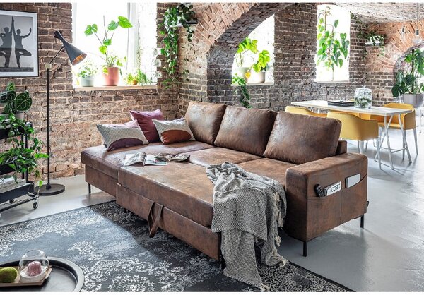 Hnedá rozkladacia rohová pohovka z imitácie kože Miuform Lofty Lilly Vintage, ľavý roh