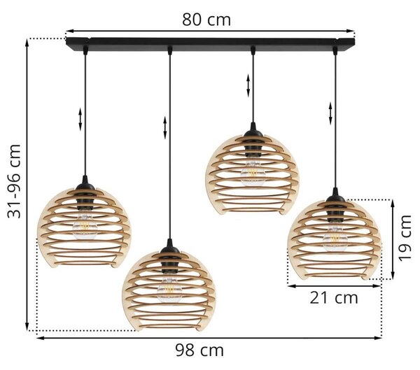 Závesné svietidlo Timber, 4x drevené tienidlo, n