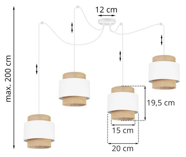 Závesné svietidlo Boho Spider, 4x jutové/biele textilné tienidlo