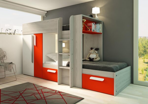Poschodová posteľ s šatníkovou skriňou BO1 - oak molina, red