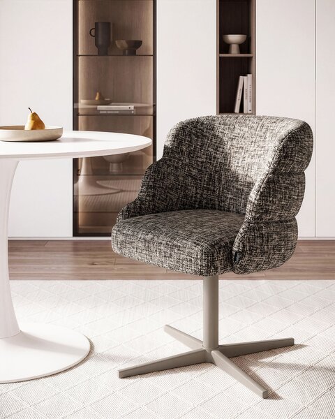 Otočná jedálenská stolička sivobéžová látkové čalúnenie zaoblené sedadlo mid-century modern štýl kuchyňa jedáleň