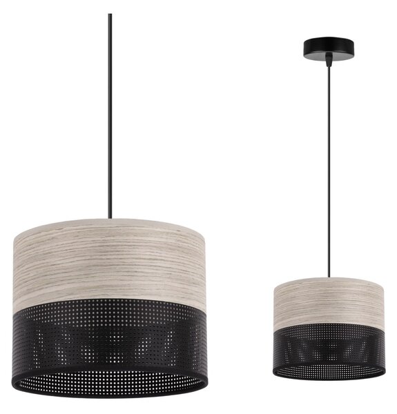 Závesné svietidlo Wood, 1x svetlobéžová dubová dýha/čierne PVC tienidlo, (fi 20cm)