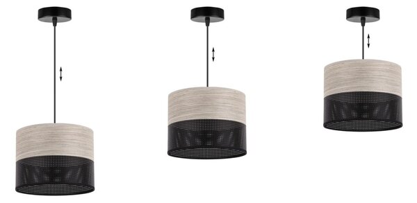 Závesné svietidlo Wood, 1x svetlobéžová dubová dýha/čierne PVC tienidlo, (fi 20cm)