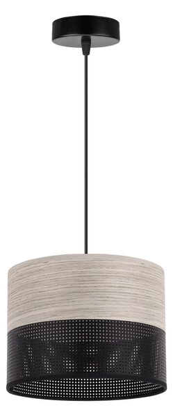 Závesné svietidlo Wood, 1x svetlobéžová dubová dýha/čierne PVC tienidlo, (fi 20cm)