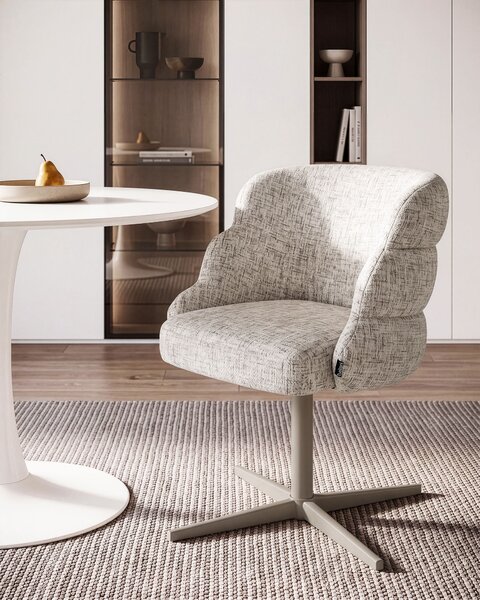 Otočná jedálenská stolička svetlobéžová látkové čalúnenie zaoblené sedadlo mid-century modern štýl kuchyňa jedáleň