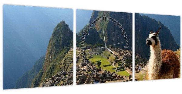 Obraz - Lama a Machu Picchu (s hodinami) (90x30 cm)