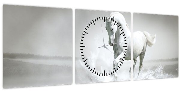 Obraz - Biely kôň (s hodinami) (90x30 cm)