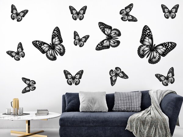 Nalepte.cz Motýle čierne 13 ks textilní prelepiteľné nálepky na stenu arch 100 x 100 cm