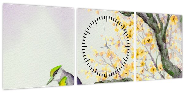 Obraz - Akvarelový vtáčik na strome (s hodinami) (90x30 cm)