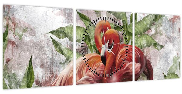 Obraz - Plameniaky (s hodinami) (90x30 cm)