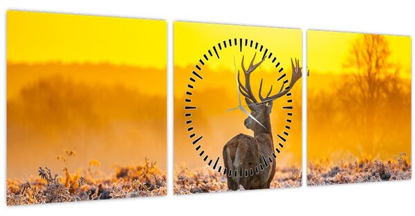 Obraz - Jeleň pri východe slnka (s hodinami) (90x30 cm)