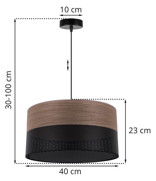 Závesné svietidlo Wood, 1x hnedá orechová dýha/čierne PVC tienidlo, (fi 40cm)