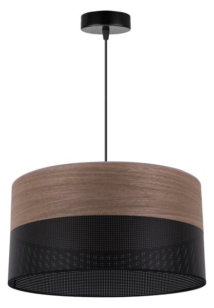 Závesné svietidlo Wood, 1x hnedá orechová dýha/čierne PVC tienidlo, (fi 40cm)