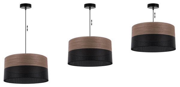 Závesné svietidlo Wood, 1x hnedá orechová dýha/čierne PVC tienidlo, (fi 40cm)